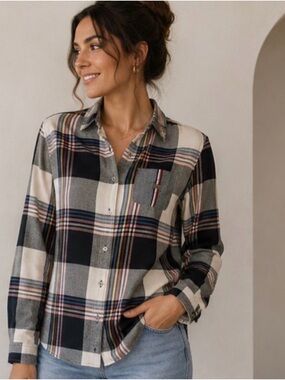 TOMMY HILFIGER PLAID BUTTON DOWN ROLL TAB TOP